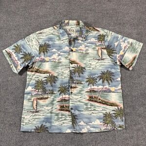 Ky's Hawaiian Shirt Mens Large Blue Palm Tree Beach Rayon Made Hawaii USA